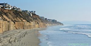 Looking south from the stairs at TableTops Beach showing the steep coastal bluffs of Solana Beach.