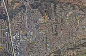 An aerial map view of Del Mar East real estate showing development patterns predominated by master planned communities.
